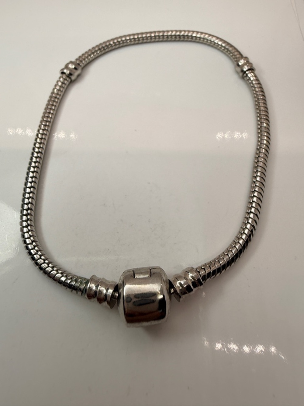 Sterling Silver European Charm Bracelet 7.75” Snake Chain 925 w/ Clip Stations